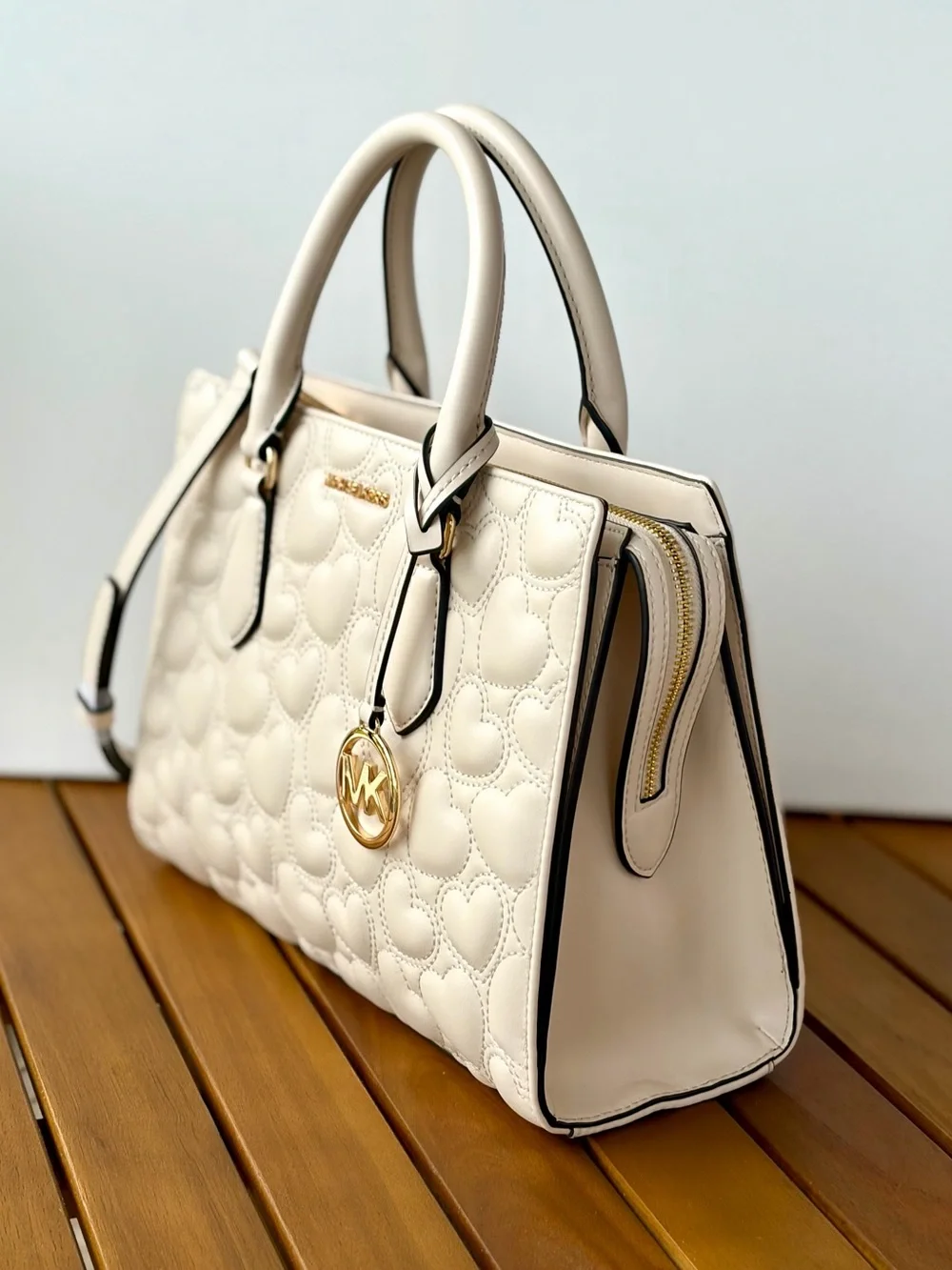 Michael Kors Cream Quilted Heart Satchel with Gold MK Charm